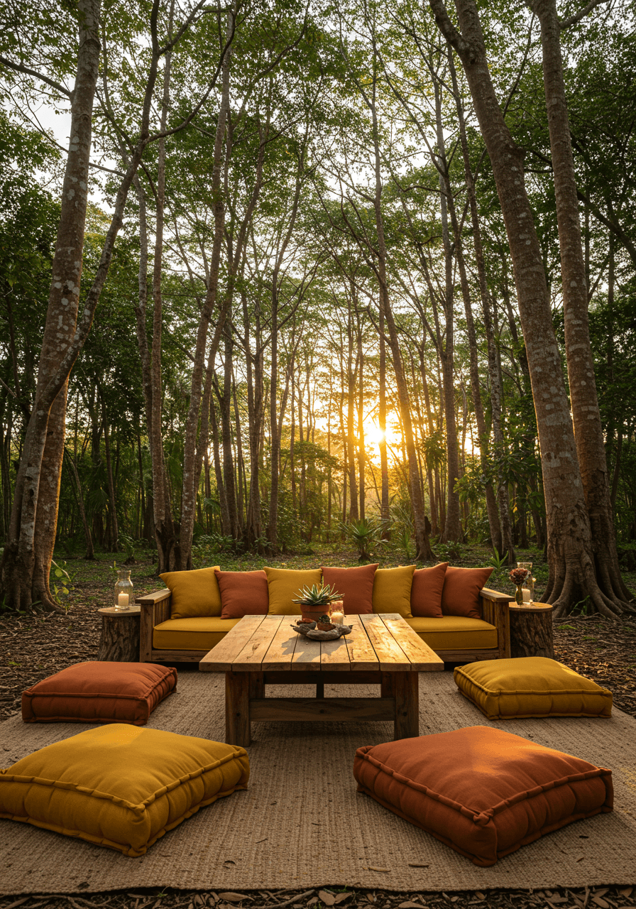 Wide view of bohemian lounge arrangement with warm cushions under towering cecropia trees