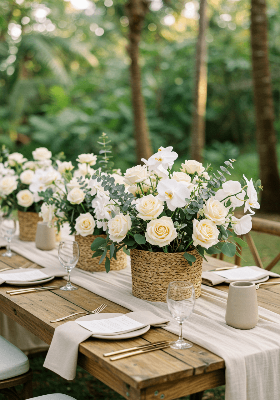 Neutral tone wedding centerpieces with cream roses and white orchids in woven baskets on rustic wooden table in tropical jungle