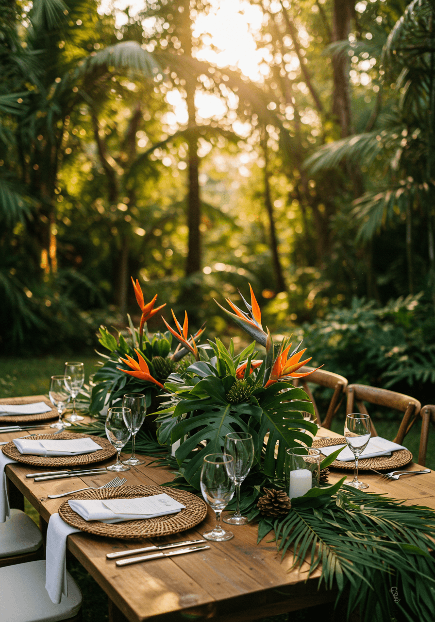 Wedding reception table with tropical foliage centerpieces and natural wood chargers in lush jungle clearing with towering palms