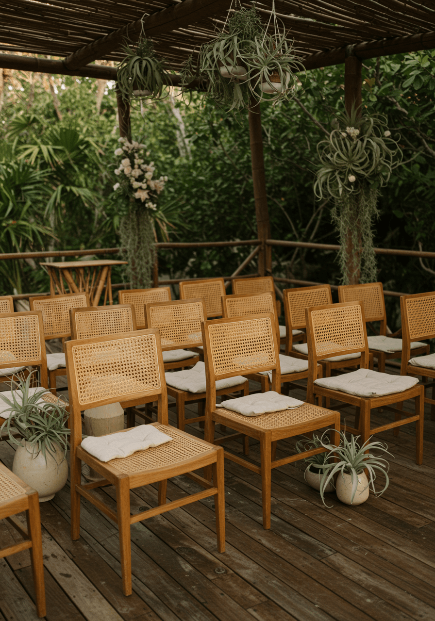 Wide arrangement of wooden chairs with clean lines overlooking cenote water through jungle vegetation