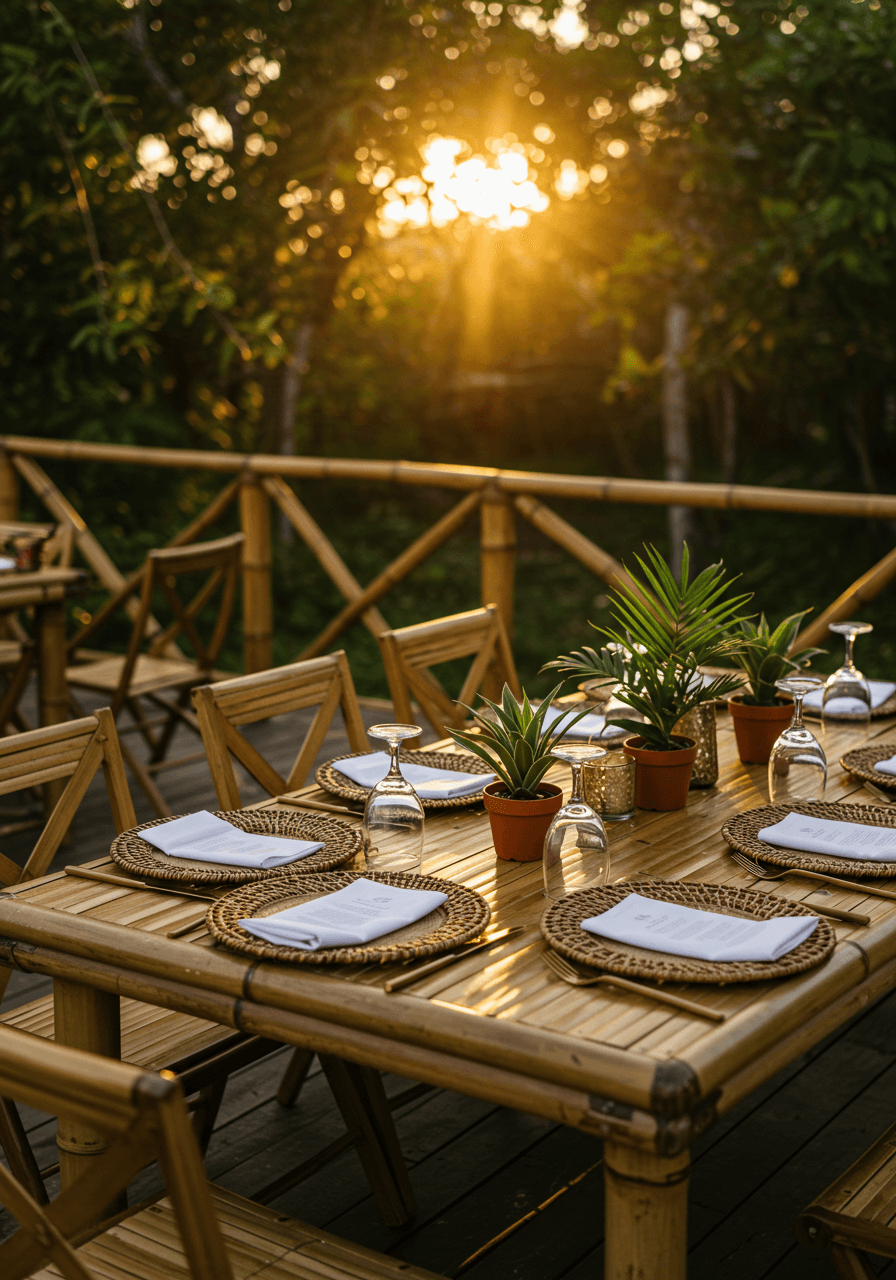 Elegant bamboo reception tables with geometric lines on wooden deck surrounded by tropical Tulum jungle during sunset