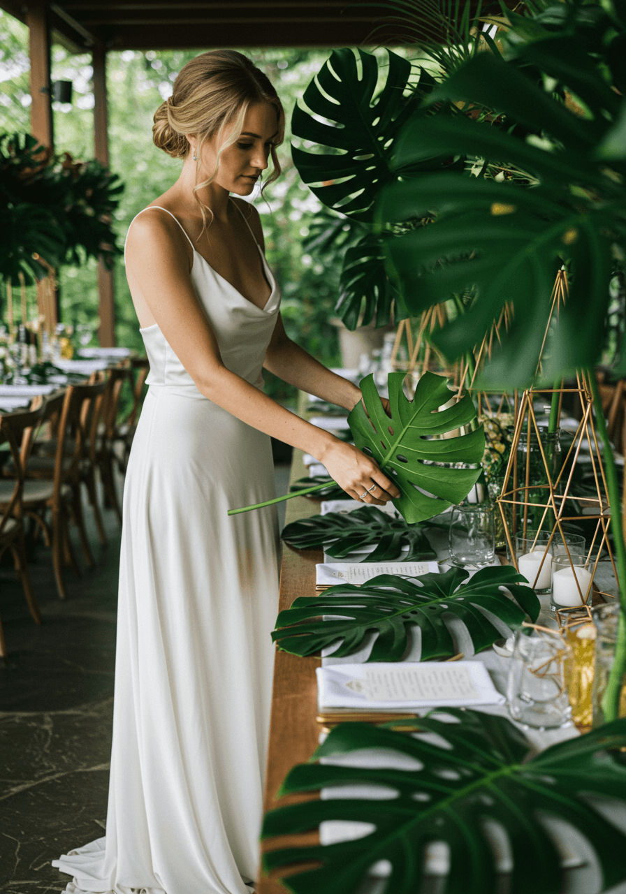 Bride in white silk dress arranging oversized monstera leaves as geometric centerpieces in minimalist jungle pavilion