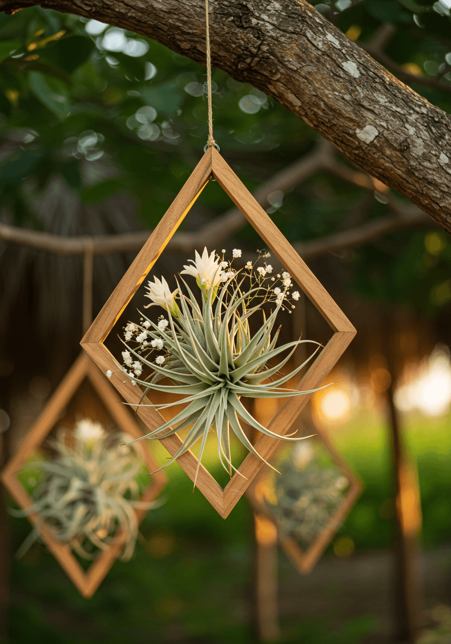 Minimalist hanging installation with air plants in geometric wooden frame suspended from cecropia tree