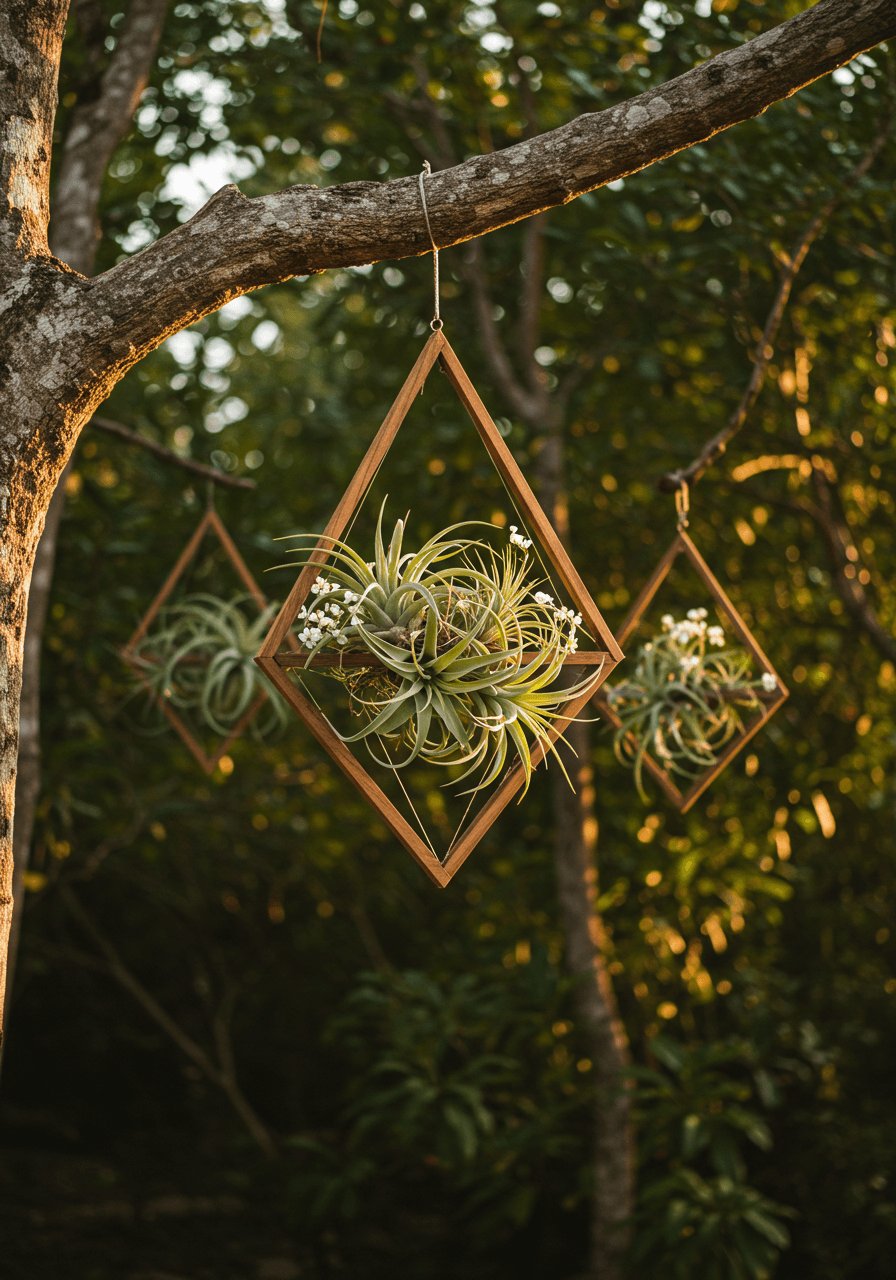 Wide view of wooden frame art installation hanging in Tulum jungle with dappled lighting