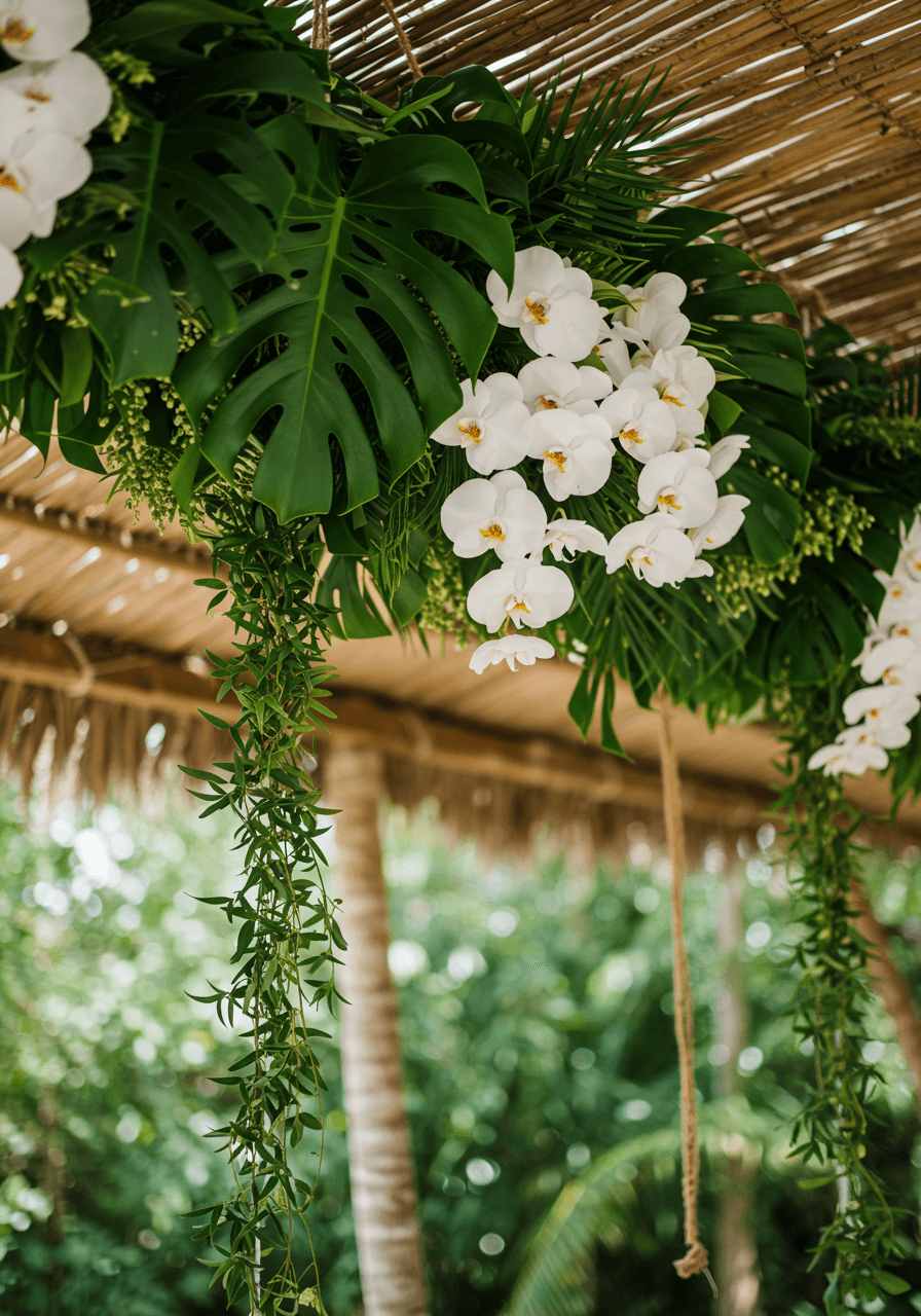 Detail view of suspended orchids and jasmine vines in geometric arrangement during soft afternoon light