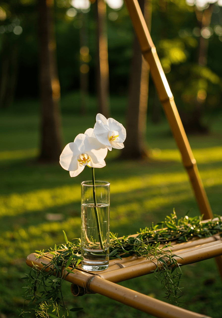 Single white orchid in geometric glass vase on simple bamboo altar with trailing greenery during golden hour
