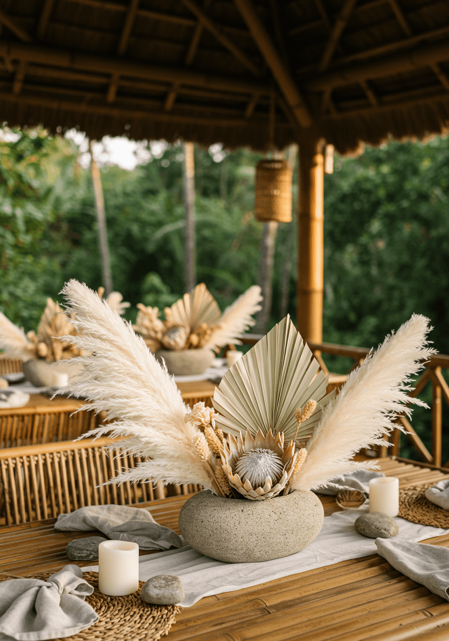 Wide shot of zen-inspired centerpiece arrangement on light bamboo table in jungle pavilion