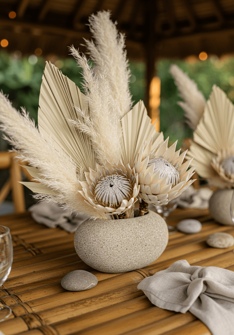 Minimalist wedding centerpiece with white pampas grass and ivory protea in stone vessel on bamboo table during golden hour