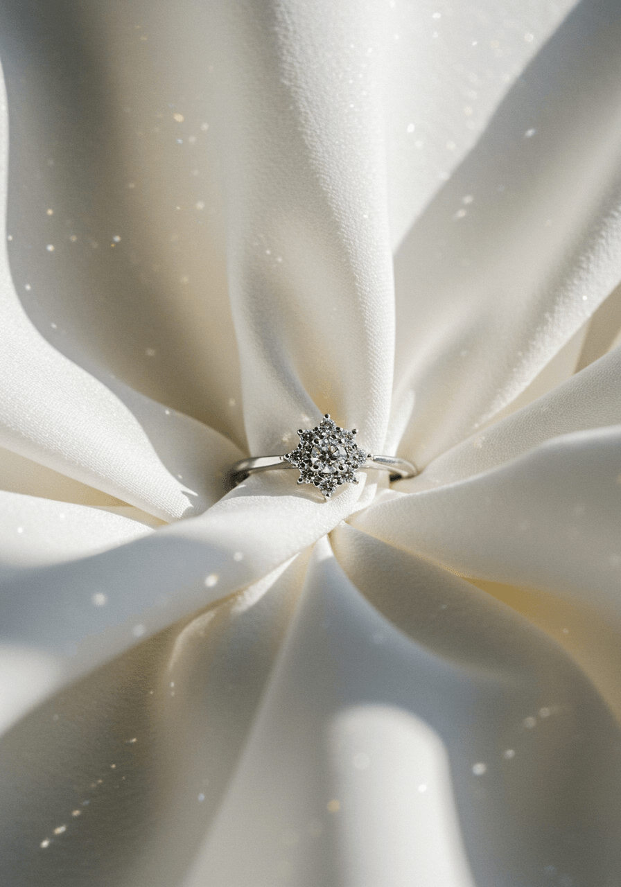 Multiple diamond star cluster ring photographed showing celestial arrangement