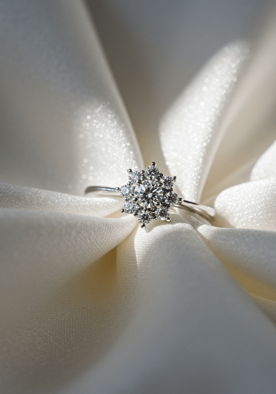 Diamond cluster engagement ring in star formation on white silk fabric