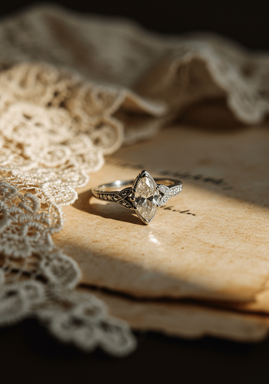 Marquise diamond solitaire with vintage milgrain on aged parchment with antique lace