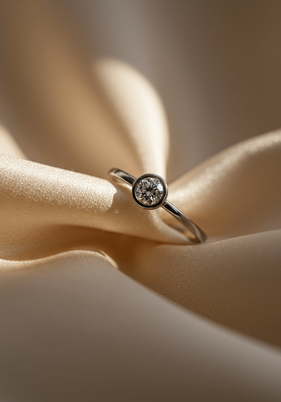 Minimalist bezel-set diamond engagement ring in platinum on cream silk fabric