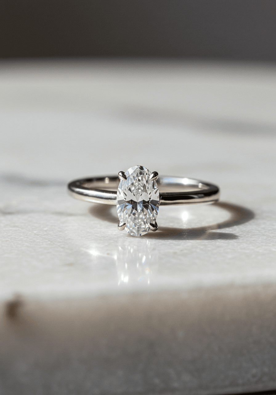 Oval diamond set horizontally in east-west platinum setting on white marble