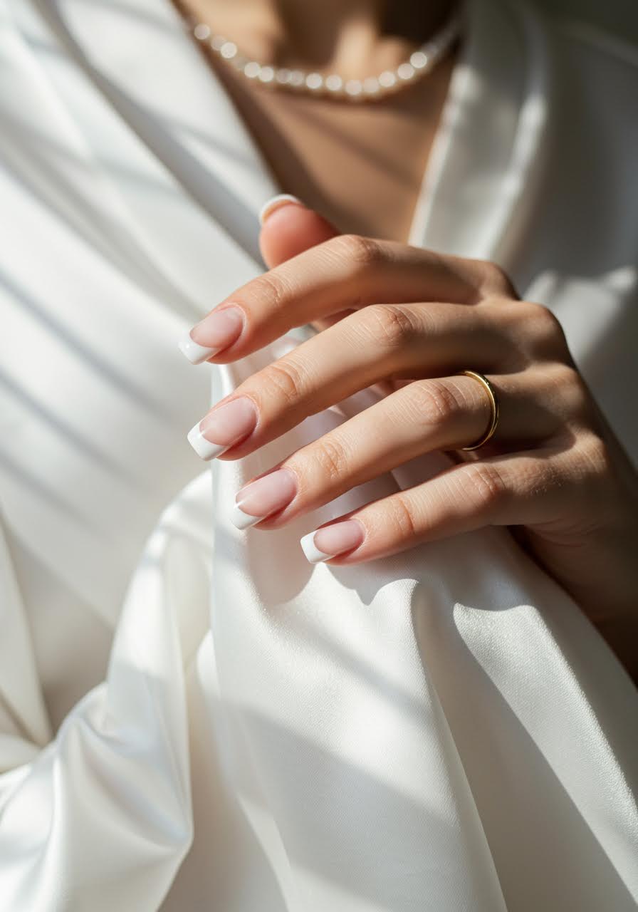 Modern French tip wedding nails paired with elegant silk fabric