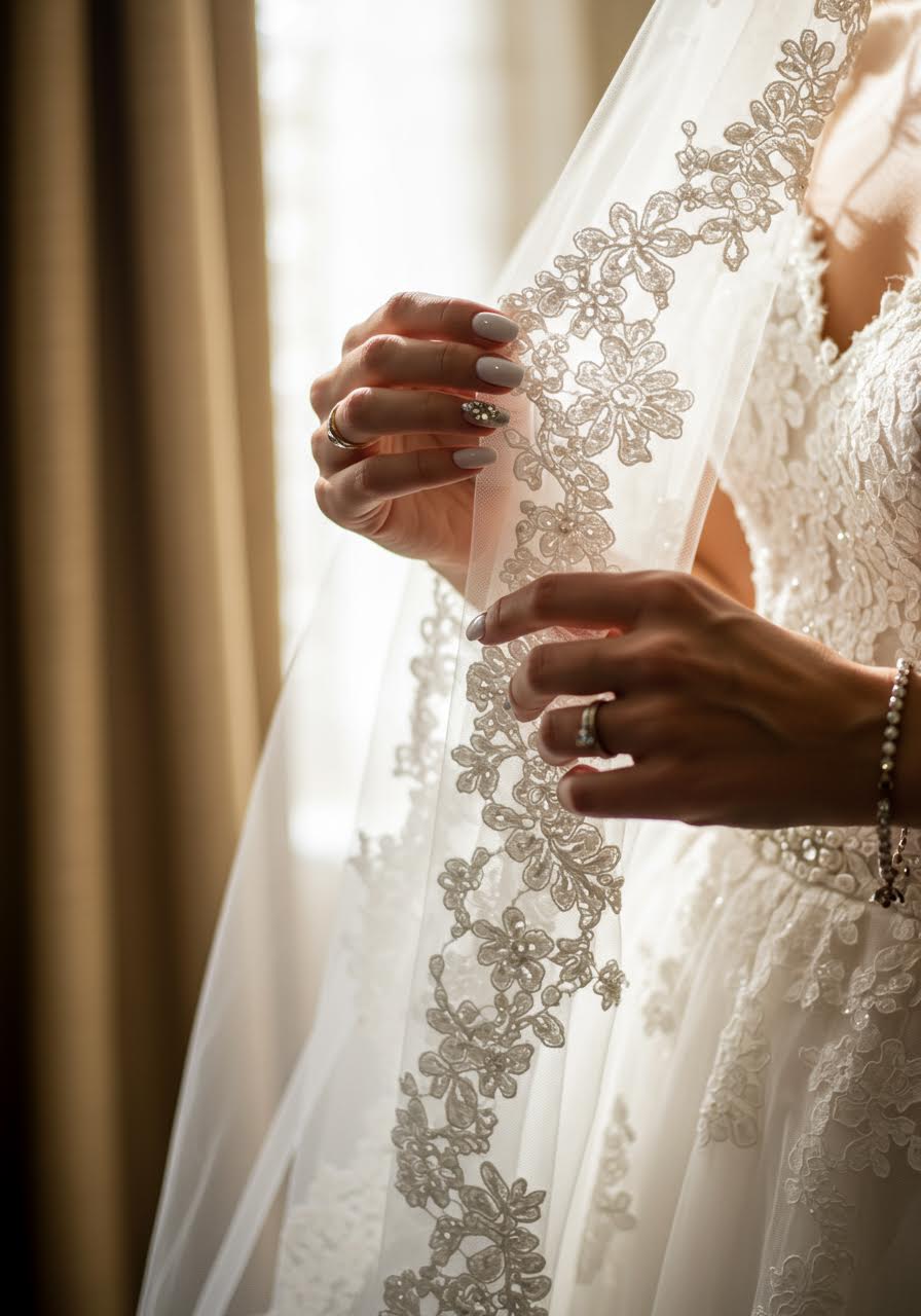 White bridal nails with pearl and lace accents in golden hour