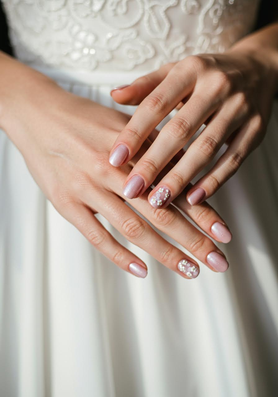 Gentle pink bridal manicure with artistic floral flourishes