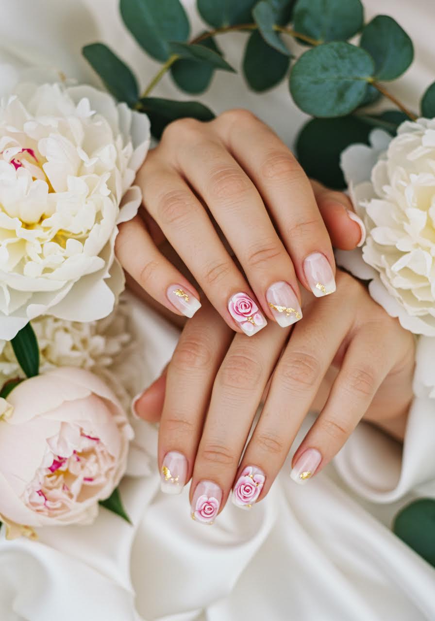 Wedding day nails combining rose motifs with golden shimmer accents