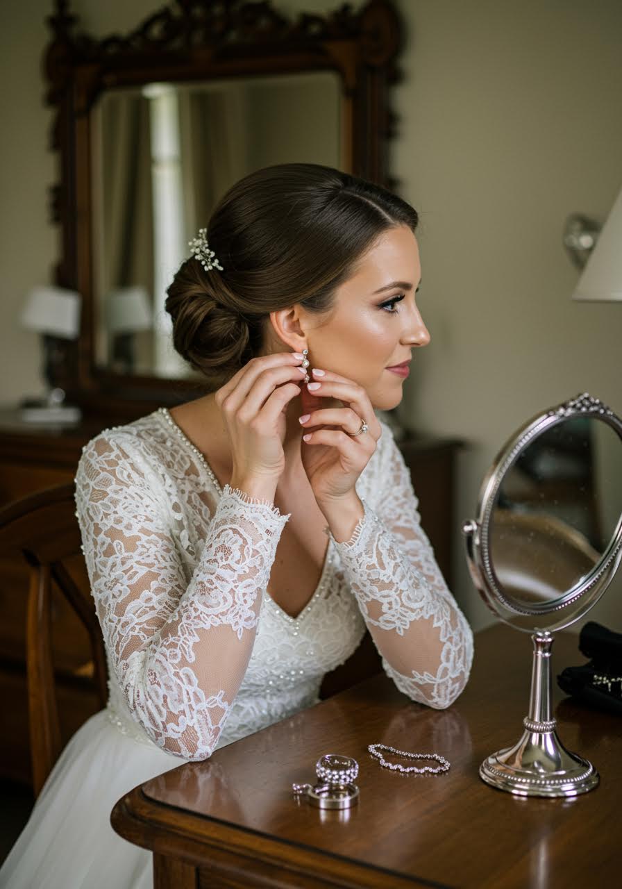 Sophisticated pink wedding manicure with pearl jewelry coordination