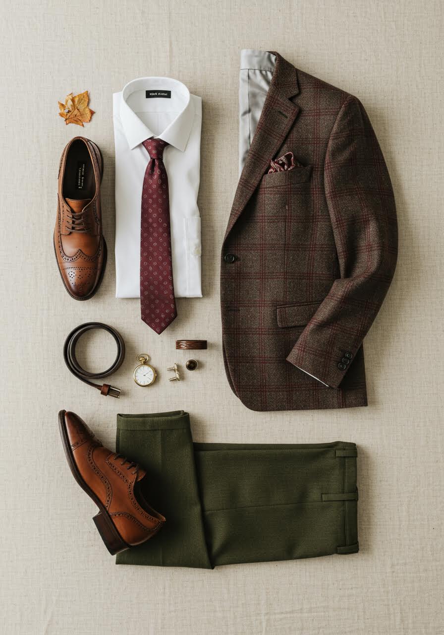 Men's autumn wedding guest outfit featuring earth-toned suit with leather accessories