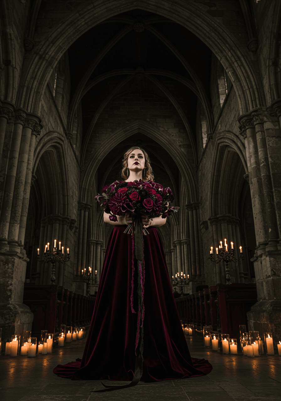Close-up of dark floral bouquet with trailing black ribbon against gothic cathedral stone archway background