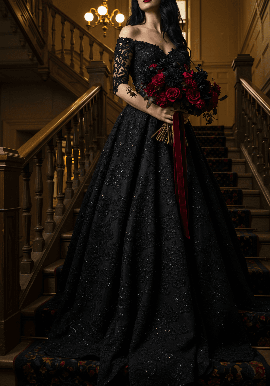 Bride in elaborate black lace ball gown with beadwork holding red rose bouquet on Victorian mansion grand staircase