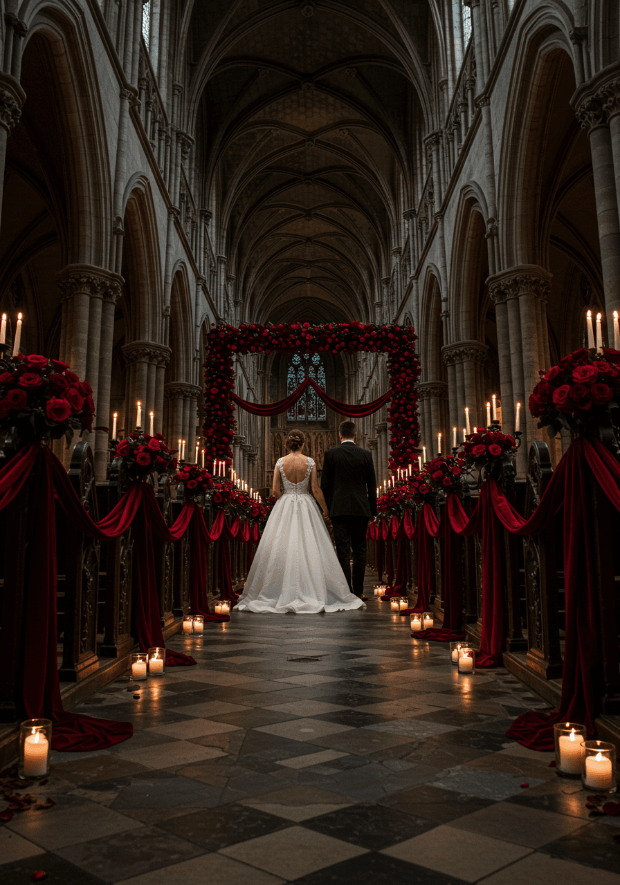 Couple walking down gothic cathedral aisle with burgundy floral arrangements and stone archway lighting
