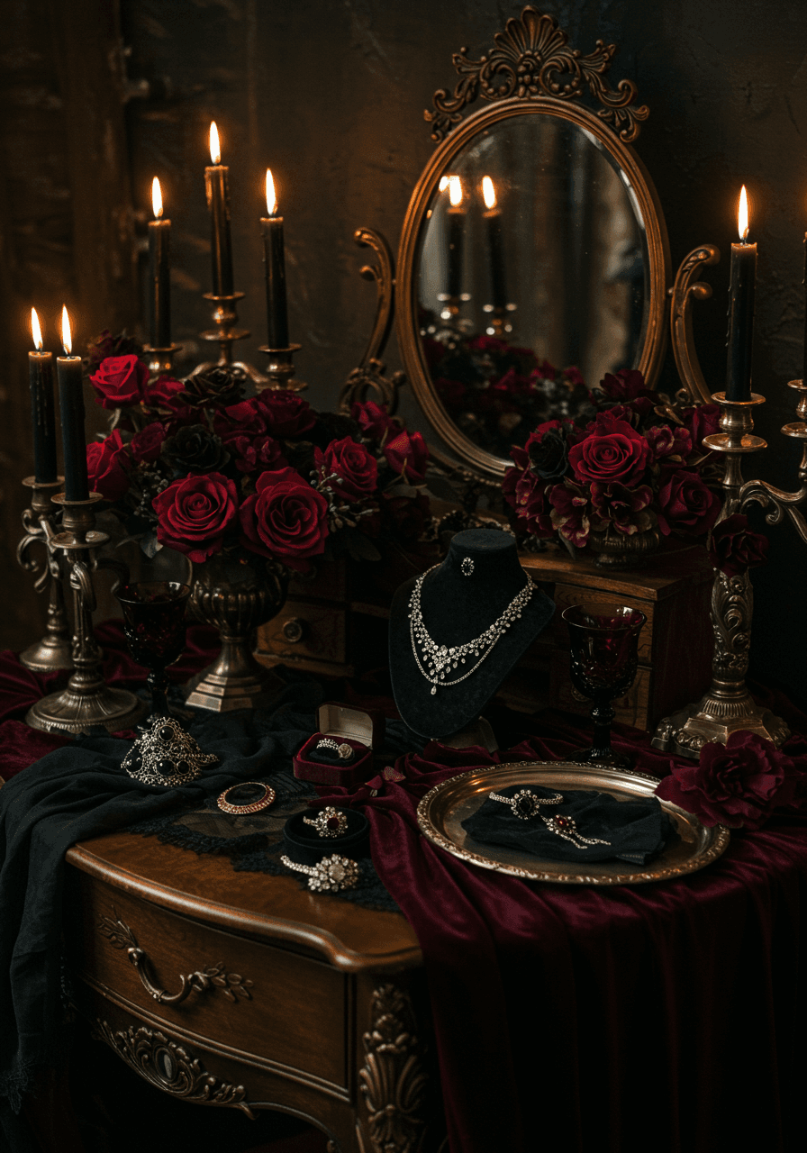 Wide angle view of candlelit bridal suite vanity with ornate mirrors and dark romantic styling elements