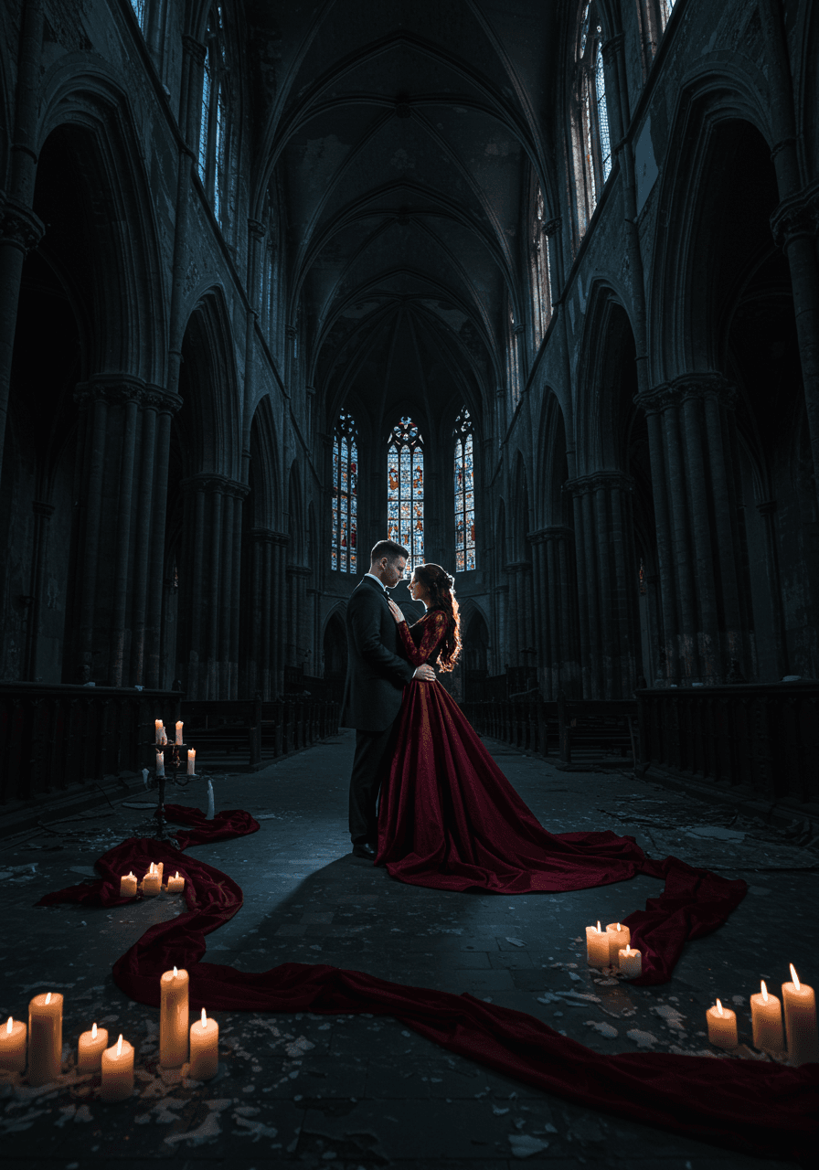 Couple embracing in shadowy nave of abandoned cathedral with broken stained glass windows during blue hour