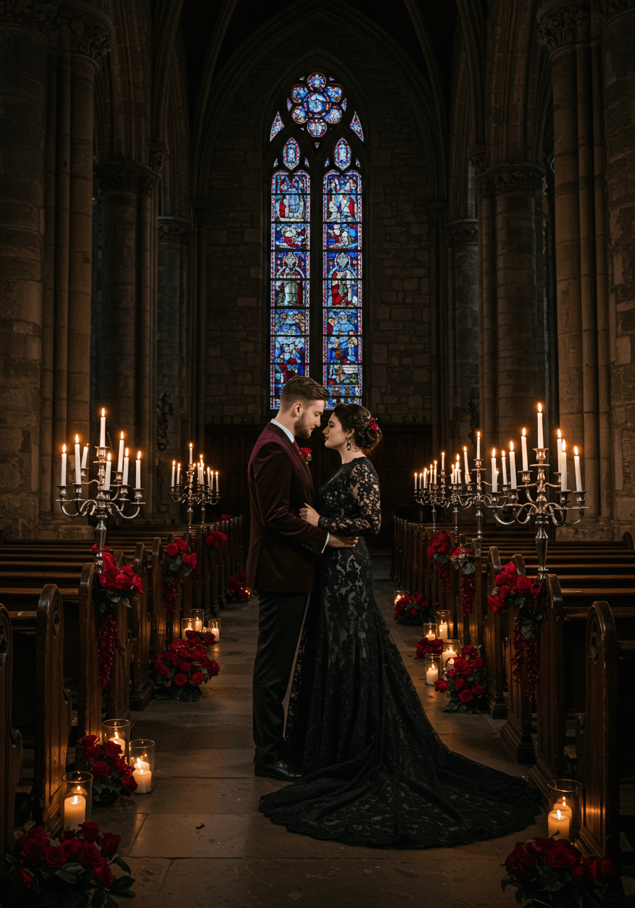 Bride and groom sharing intimate moment in candlelit stone cathedral with gothic architecture during twilight