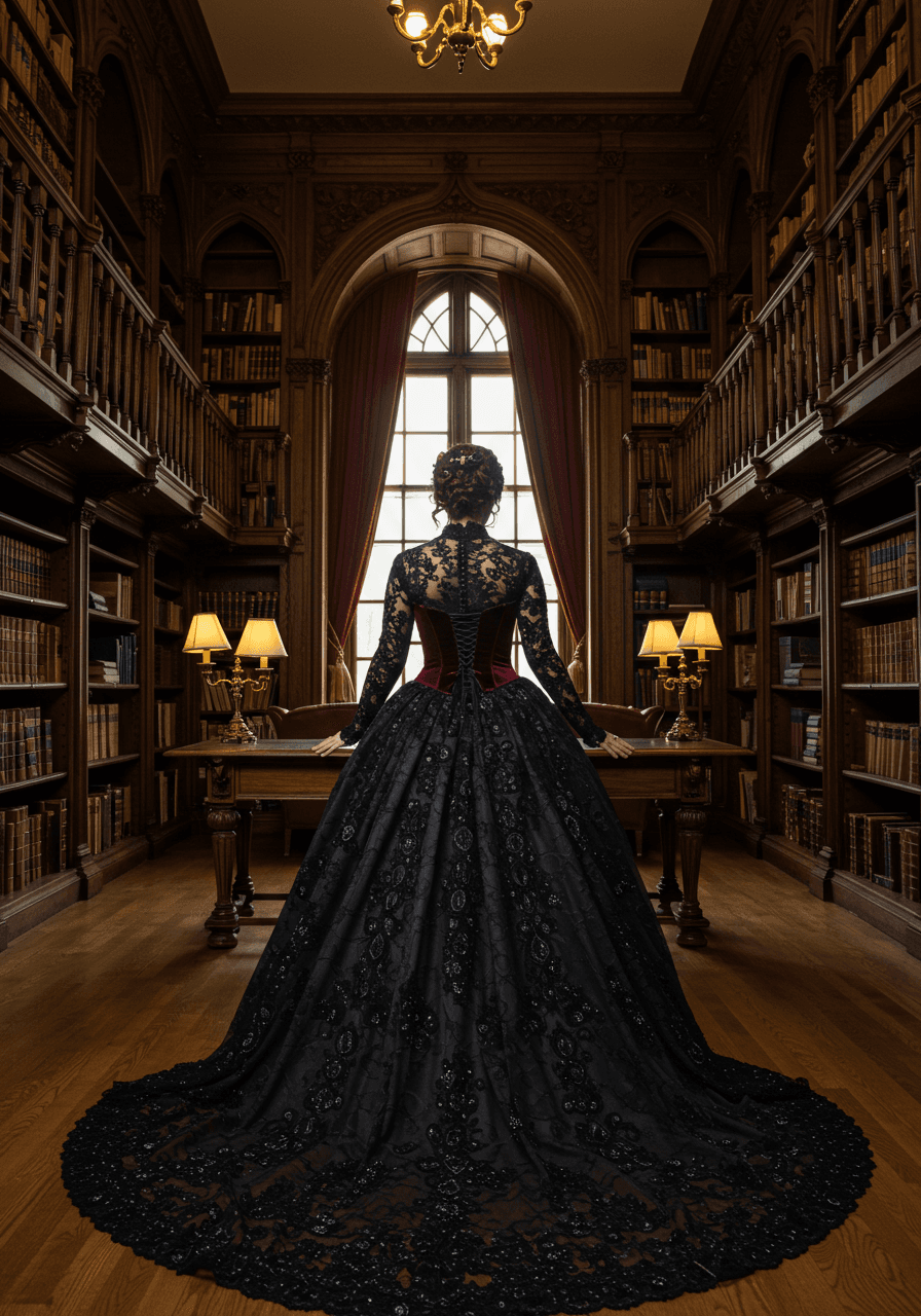 Bride in Victorian Gothic dress with black lace and burgundy velvet standing among towering mahogany bookshelves in mansion library
