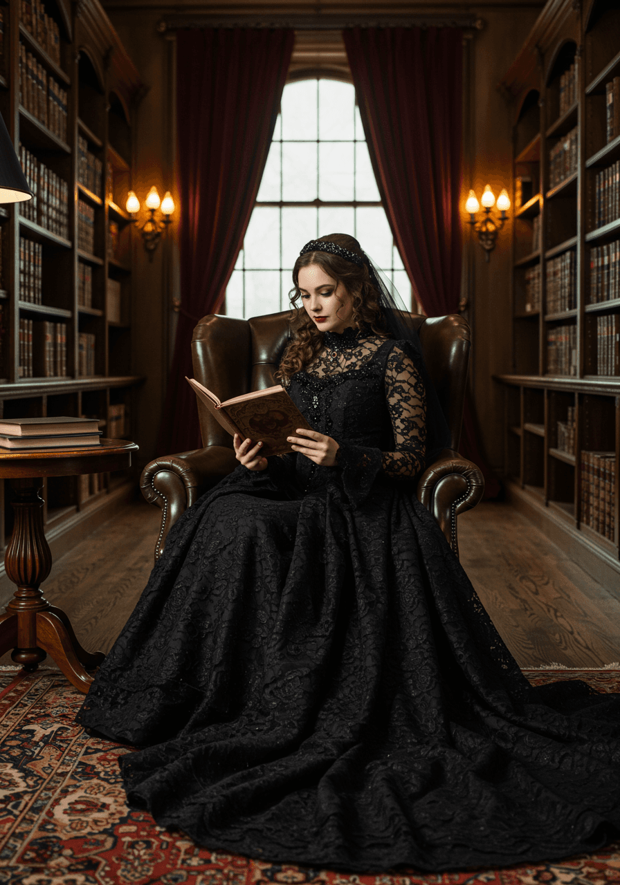 Bride in ornate beaded gown seated reading among leather-bound books in Victorian library with golden afternoon light